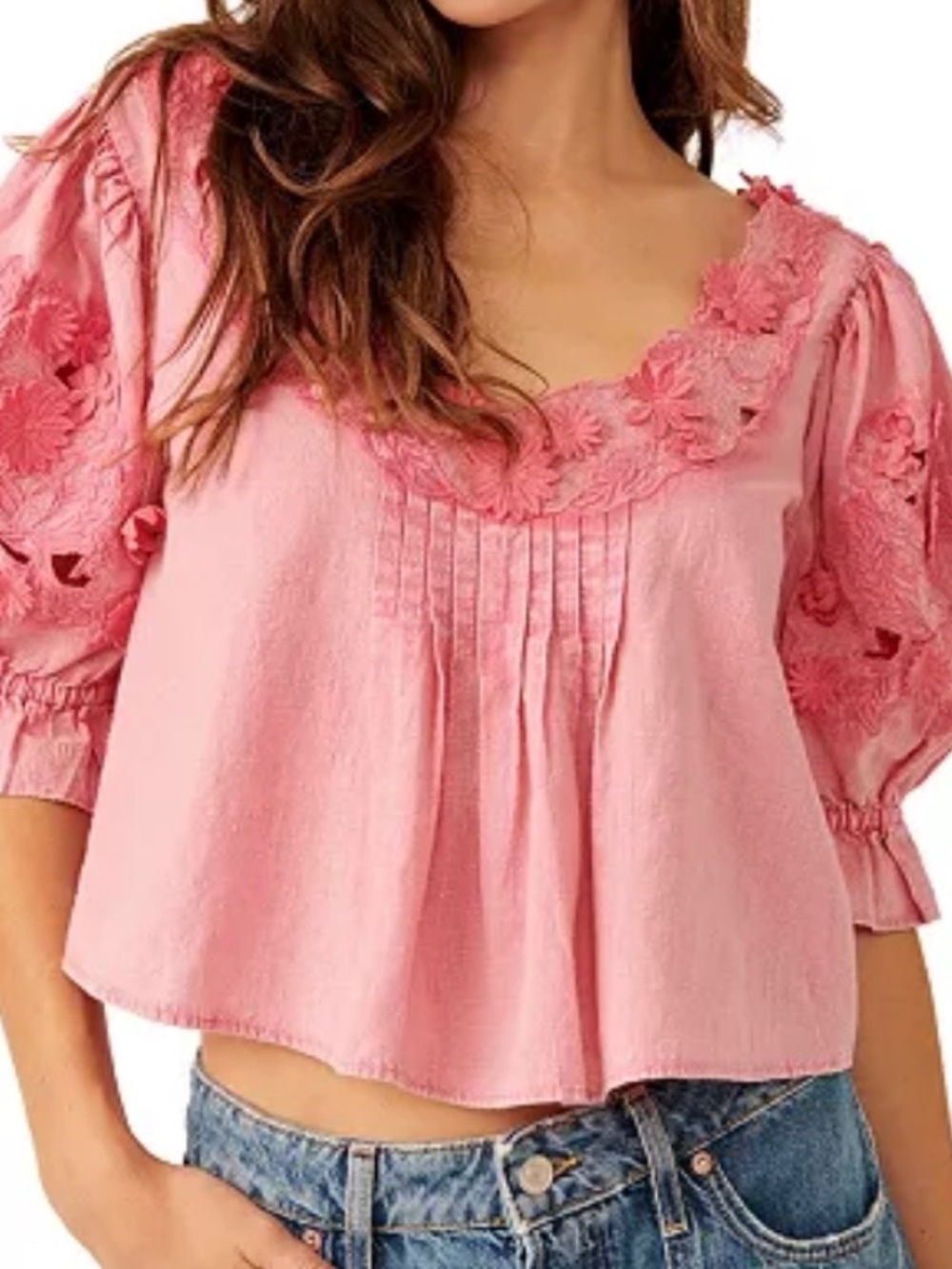Free People Women's Sophie Lace-Trim Cotton Crop Top Large